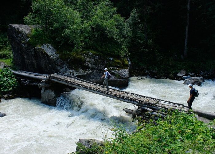 A hiker hiking in Bescho Valley, Svaneti