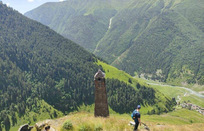 Hikers on hiking Tour in Tusheti in the village of Botschorna